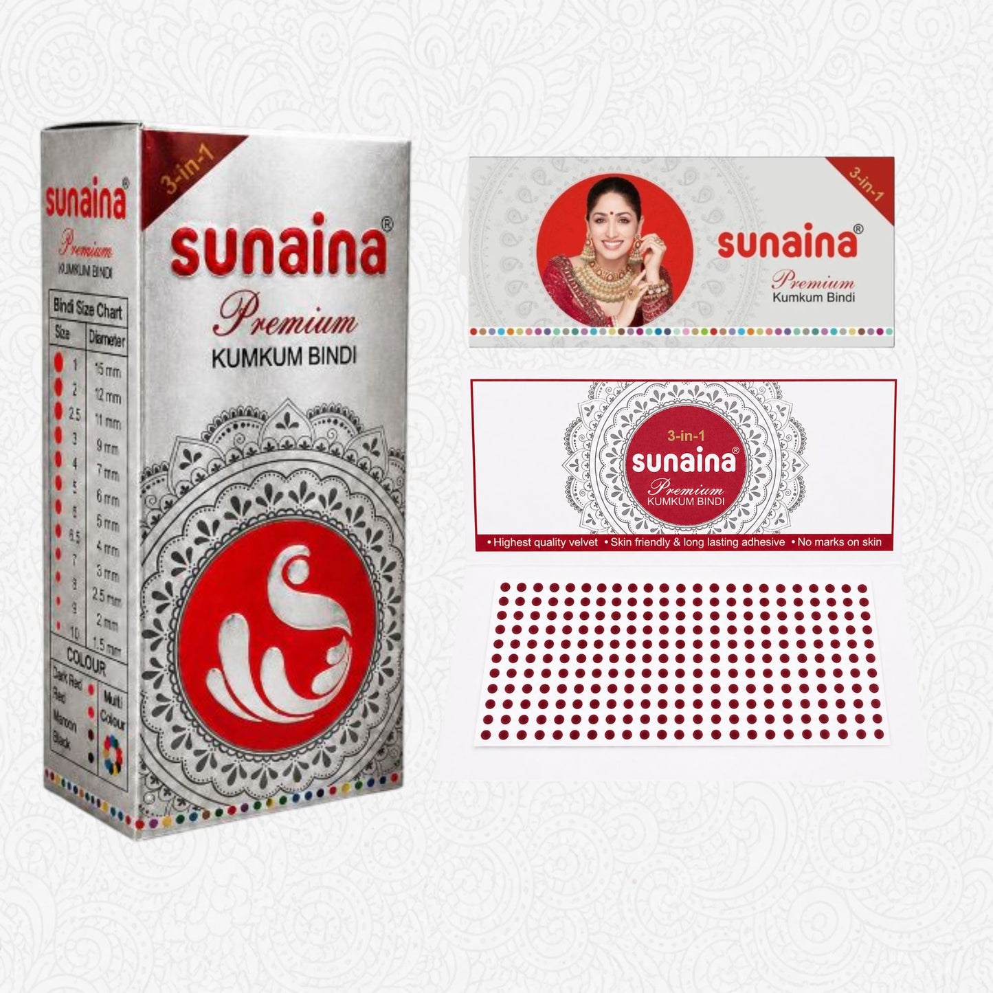 Sunaina New Premium Kumkum Forehead Bindi Silver Box | Maroon Bindi Pack of 1 Box of 15 Cards/Flaps 1.5mm (Size-10)