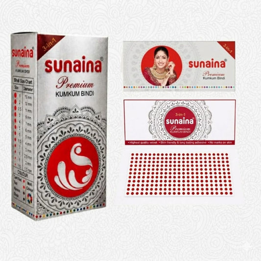 Sunaina New Premium Kumkum Forehead Bindi Silver Box | Red Velvet Silver Sticker for Girls and Womens Bindis for Daily & Festival Wear | Pack of 1 Box of 15 Cards/Flaps 1.5mm (Size-10)