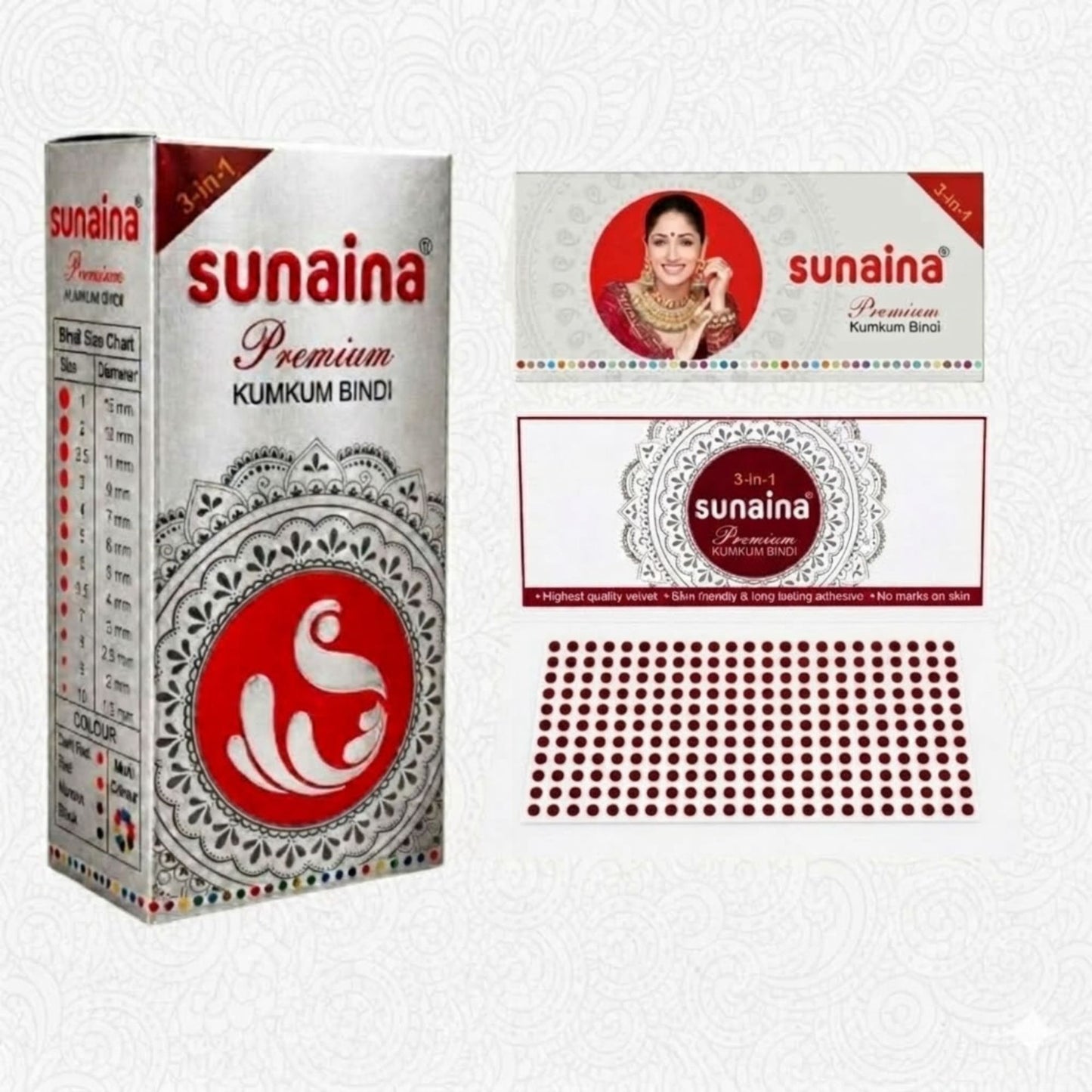 Sunaina New Premium Silver Sticker Deep Red Bindi Pack of 1 Box with 15 Cards 1.5mm (Size-10)