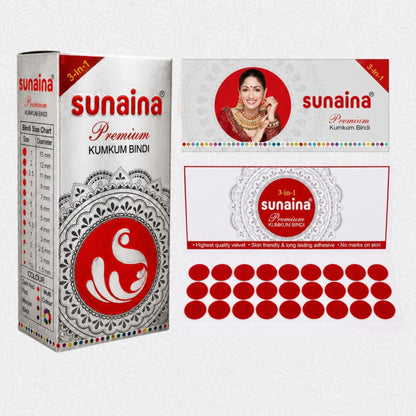 Sunaina New Premium Kumkum Red Bindi Box | 11mm Velvet Round Bindi for Girls & Women | Skin Friendly Long Lasting Sticker Bindis | 15 Cards/Flaps Pack for Daily & Festiver Wear (Size-2.5)