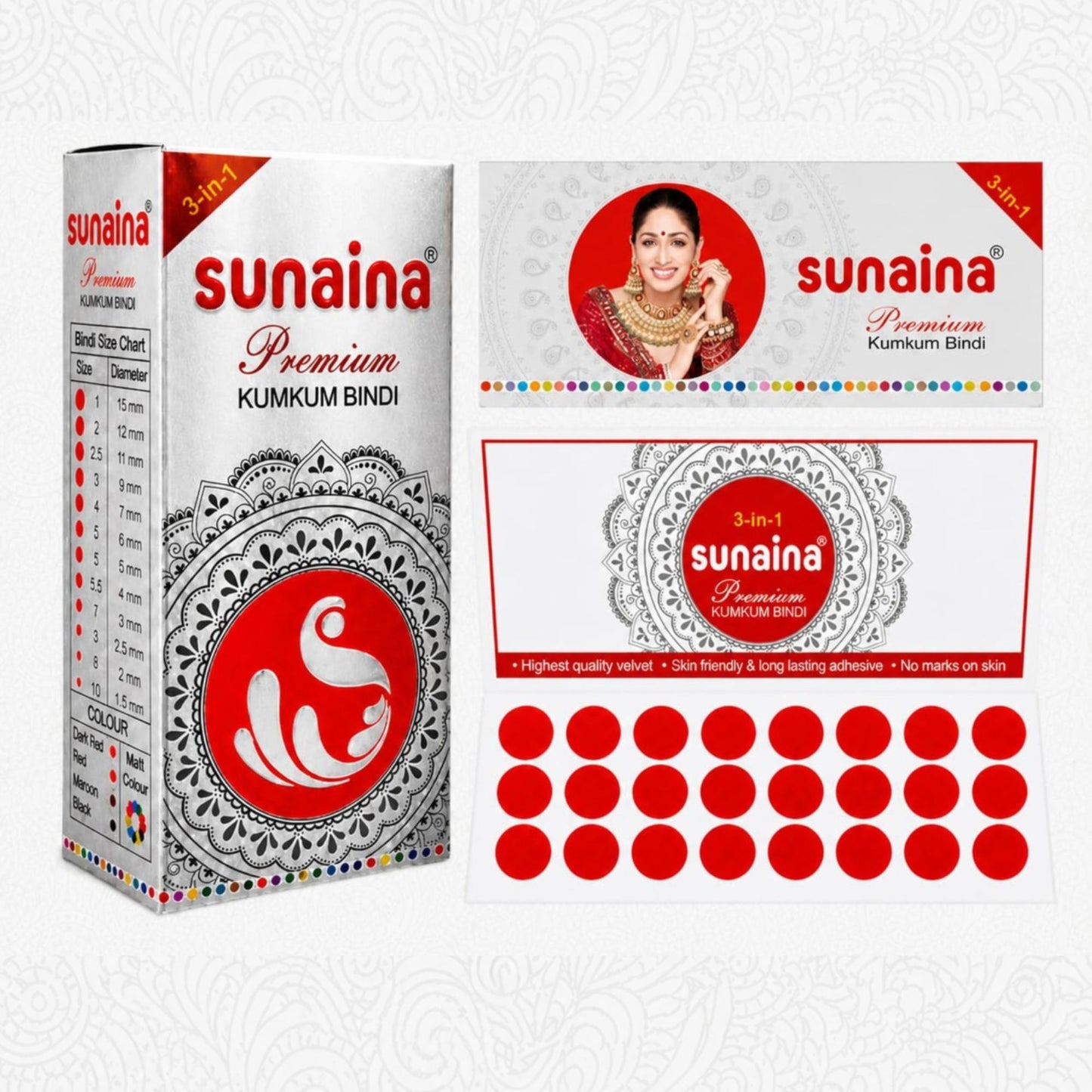 Sunaina New Premium Kumkum Bindi for Women | 12mm Velvet Red Round Forehead Bindi Silver Sticker Pack of 1 Bindi Box for Daily Wear & Festival Use Pack of 15 Cards/Flaps (Size-2)