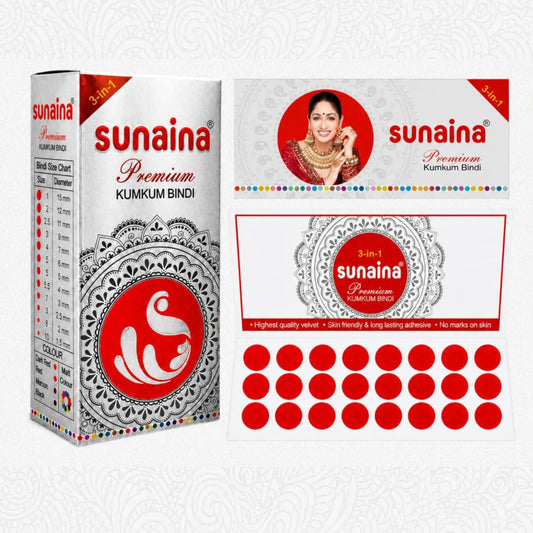 Sunaina New Premium Kumkum Bindi for Women | 12mm Velvet Red Round Forehead Bindi Silver Sticker Pack of 1 Bindi Box for Daily Wear & Festival Use Pack of 15 Cards/Flaps (Size-2)