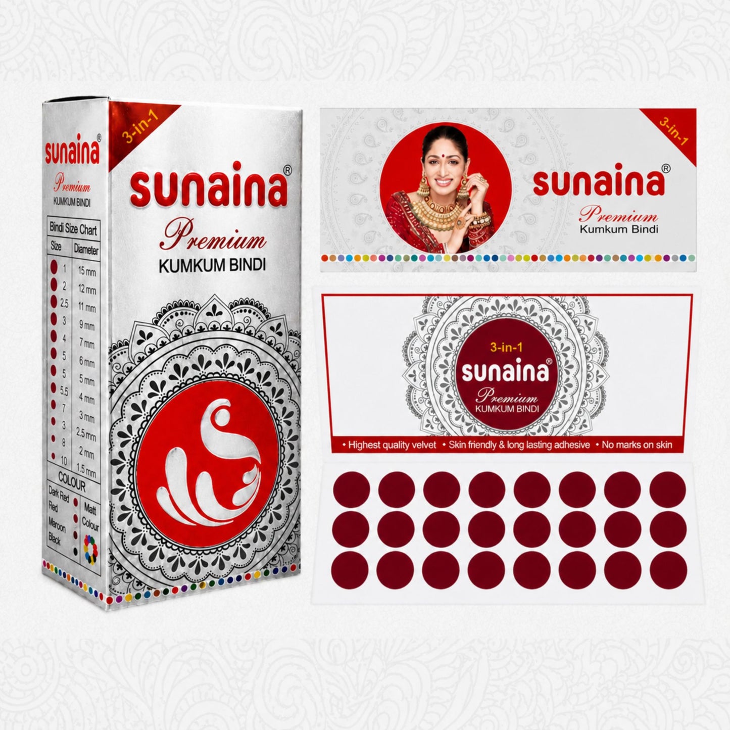 Sunaina New Premium Silver Sticker Deep Red Bindi for Girls & Women Daily & Festival Wear (Size 2) 12mm