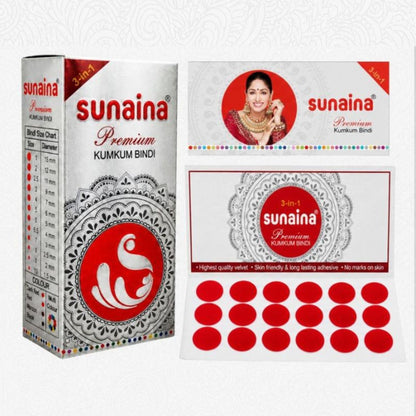 Sunaina New Premium Kumkum Forehead Silver Sticker Bindi Box | Red Velvet Bindi For Girls and Womens for Daily & Festival Wear | Pack of 1 Box of 15 Cards/Flaps 15mm (Size-1)