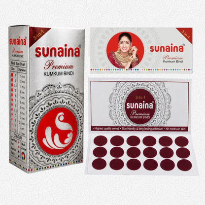 Sunaina New Premium Kumkum Forehead Silver Sticker Bindi Box | Maroon Velvet Bindi Pack of 1 Bindi Box of 15 Cards/Flaps 15mm (Size-1)