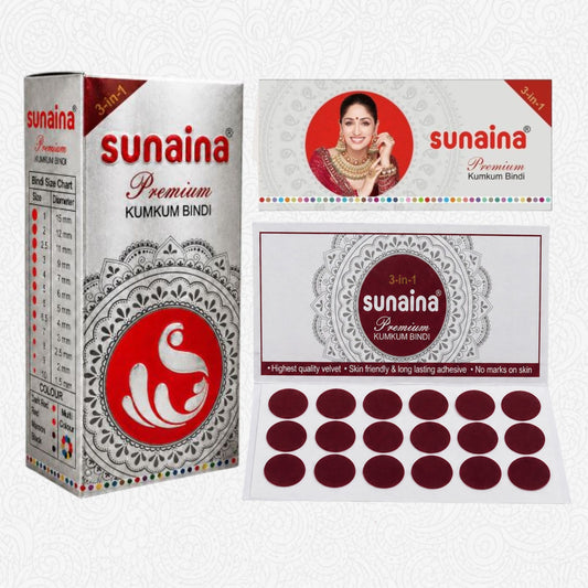 Sunaina New Premium Kumkum Forehead Silver Sticker Bindi Box | Maroon Velvet Bindi Pack of 1 Bindi Box of 15 Cards/Flaps 15mm (Size-1)