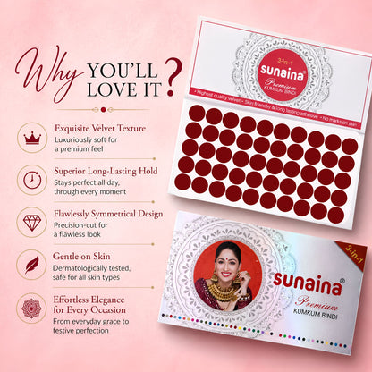 Sunaina New Premium Kumkum Forehead Silver Sticker Bindi Box | Maroon Velvet Bindi Pack of 1 Bindi Box of 15 Cards/Flaps 15mm (Size-1)
