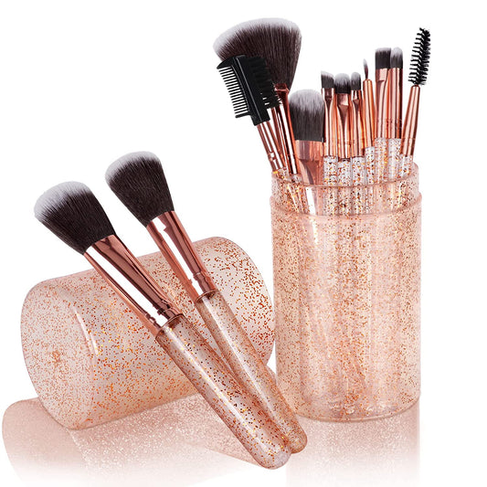 Sunaina Makeup Shiny Rose Gold Brush set of 12 with Storage Barrel Box for Face makeup