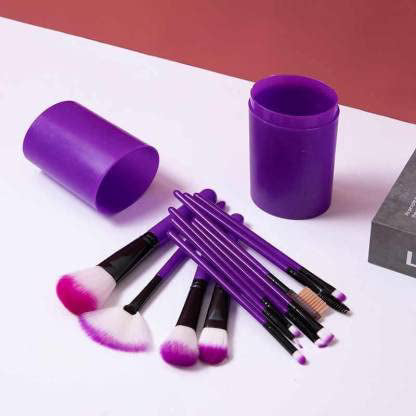 Sunaina Makeup Purple Brush set of 12 with Storage Barrel Box for Face makeup