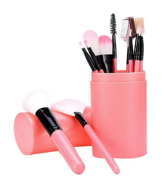 Sunaina Makeup Pink Brush set of 12 with Storage Barrel Box for Face makeup