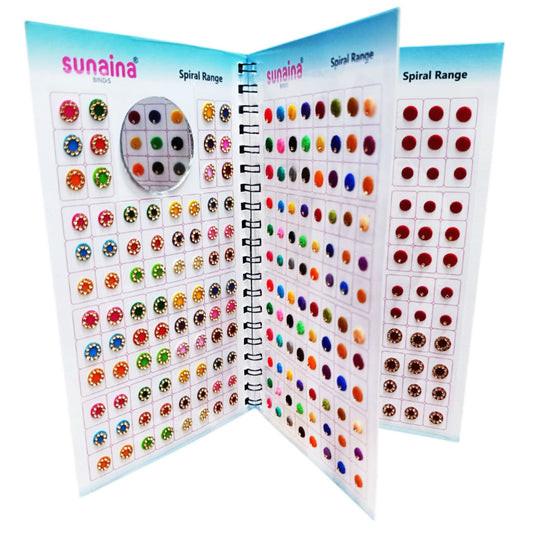 Sunaina Spiral All in One Multicolor Bindi Book with Golden Stone Border, Plain Velvet, Parvati, Red & Maroon, 372 Count, Stick On, Big to Small Size for Women & Girls