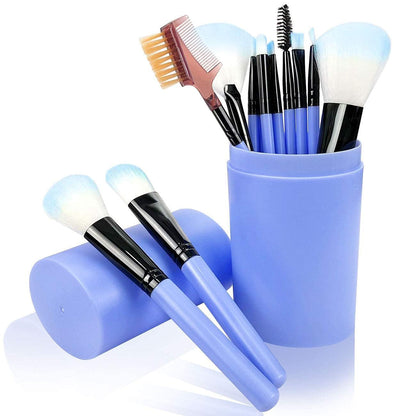 Sunaina Makeup Blue Brush set of 12 with Storage Barrel Box for Face makeup