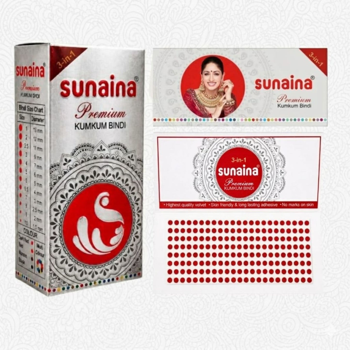 Sunaina Premium Kumkum Forehead Bindi Silver Box | Red Velvet Sticker for Girls and Womens Bindis for Daily & Festival Wear | Pack of 1 Bindi Box of 15 Cards/Flaps 2.5mm (Size-8)