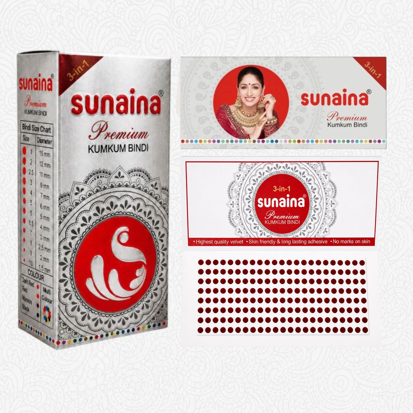 Sunaina Premium Kumkum Forehead Bindi Silver Sticker Box | Maroon Bindi Pack of 1 Bindi Box of 15 Cards/Flaps 2.5mm (Size-8)