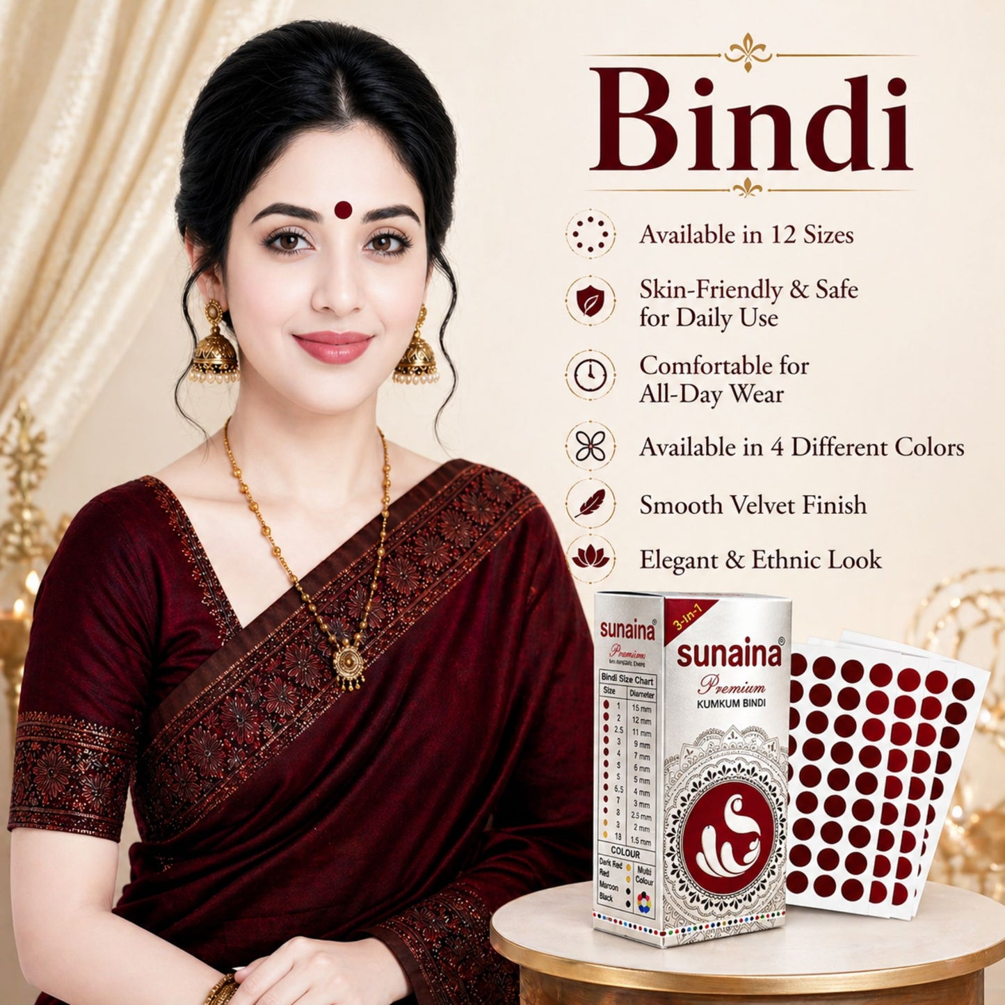Sunaina New Premium Maroon Velvet Bindi 7mm Pack 1 Bindi Box  With 15 Cards (Size-4)