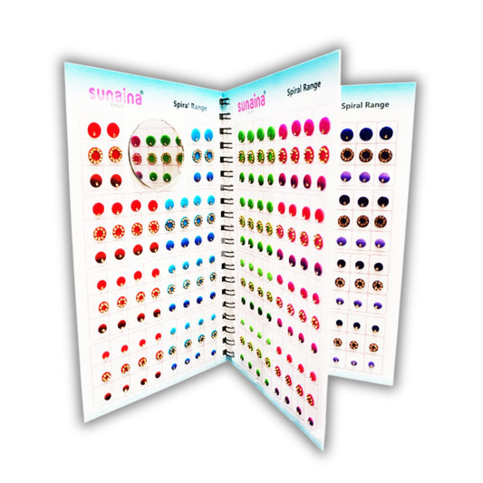 Sunaina Premium Velvet Bindi Book, 3-in-1 Multicolor Gold Stone Border, Plain & Double Shade Parvati Bindi | Medium to Small Sizes With One Small Mirror | 372 Round Bindis in Each Book