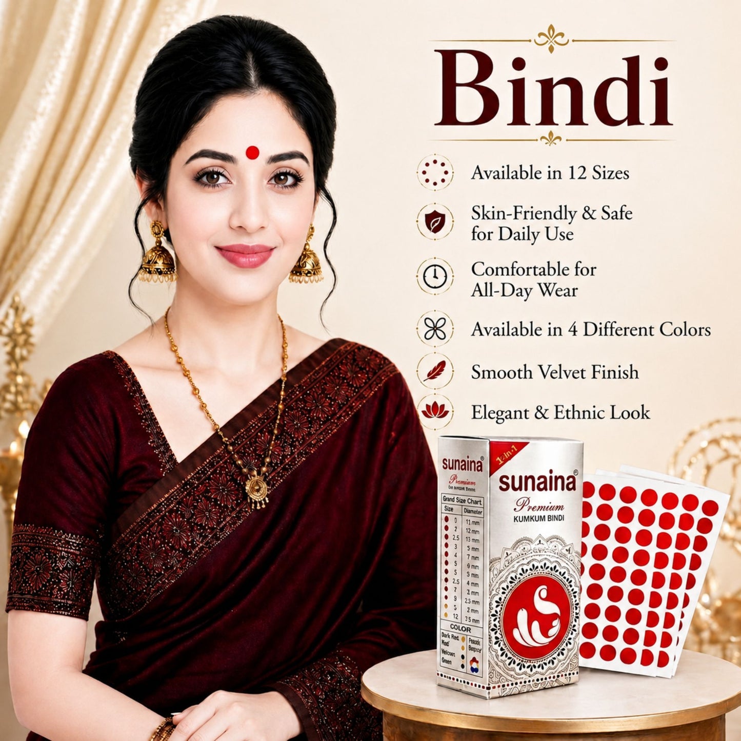 Sunaina New Premium Kumkum Red Bindi Box with 6mm 15 Cards/Flaps | Silver Sticker Velvet Round Bindi for Girls & Women | Long Lasting Skin Friendly Bindis For Daily & Festiver Wear (Size-5)