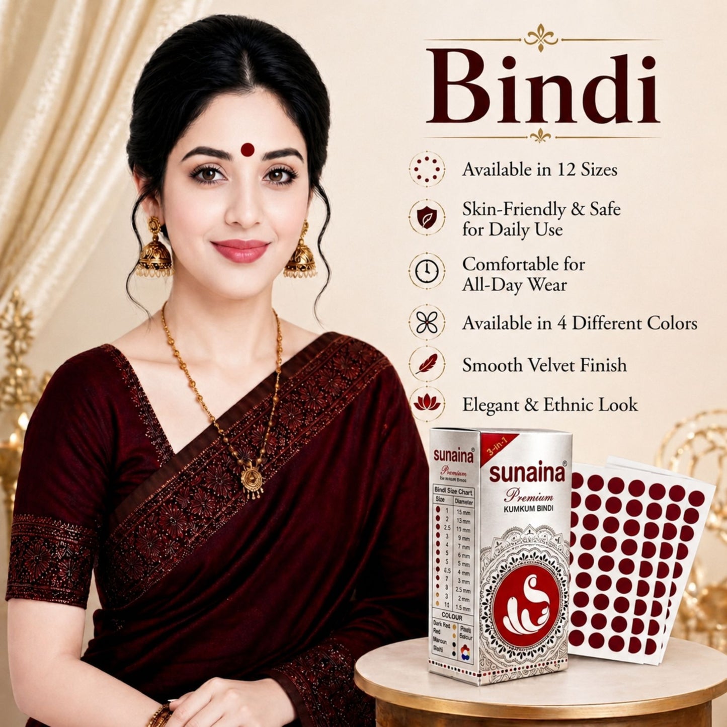 Sunaina New Premium Silver Sticker Kumkum Deep Rad Bindi 11mm Bindi with 15 Cards in a Box (Size 2.5)