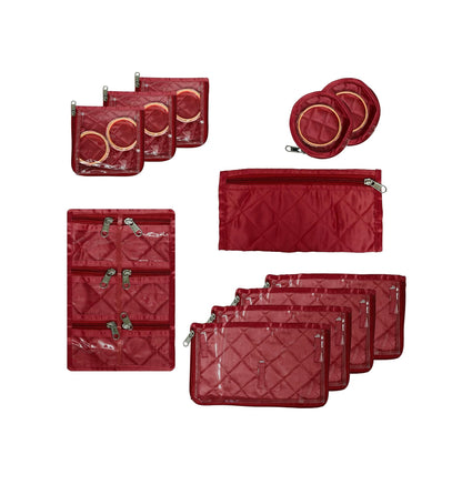 Sunaina makeup Maroon Satin Bag with Twelve detachable Pouches for Jewelry Accessories