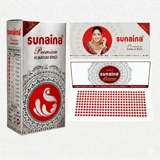Sunaina New Premium Bindi for Girls & Women | Red Velvet Kumkum Silver Sticker Bindis for Bridal, Festive & Daily Wear Bindi 2mm Pack of 15 Cards/Flaps (Size-9)
