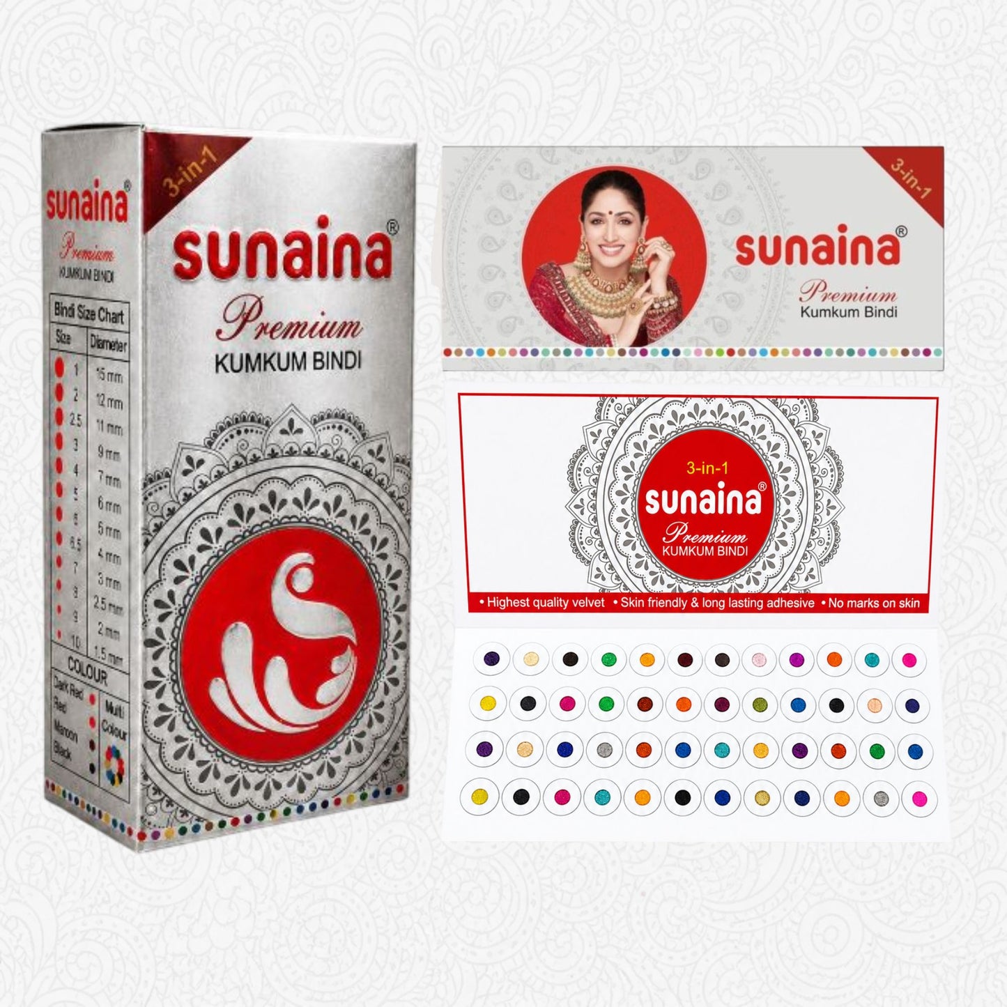 Sunaina New Premium Kumkum Bindi Silver Box | Multicolor Velvet Sticker Bindis for Girls & Women | 2mm Bindi 15 Cards in a Box (Sizes-9)