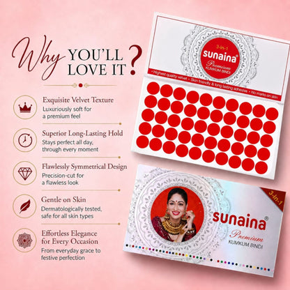 Sunaina New Premium Kumkum Forehead Bindi Silver Box | Red Velvet Bindi for Girls and Womens Bindis for Daily & Festival Wear | Pack of 1 Bindi Box of 15 cards/Flaps 3mm (Size-7)