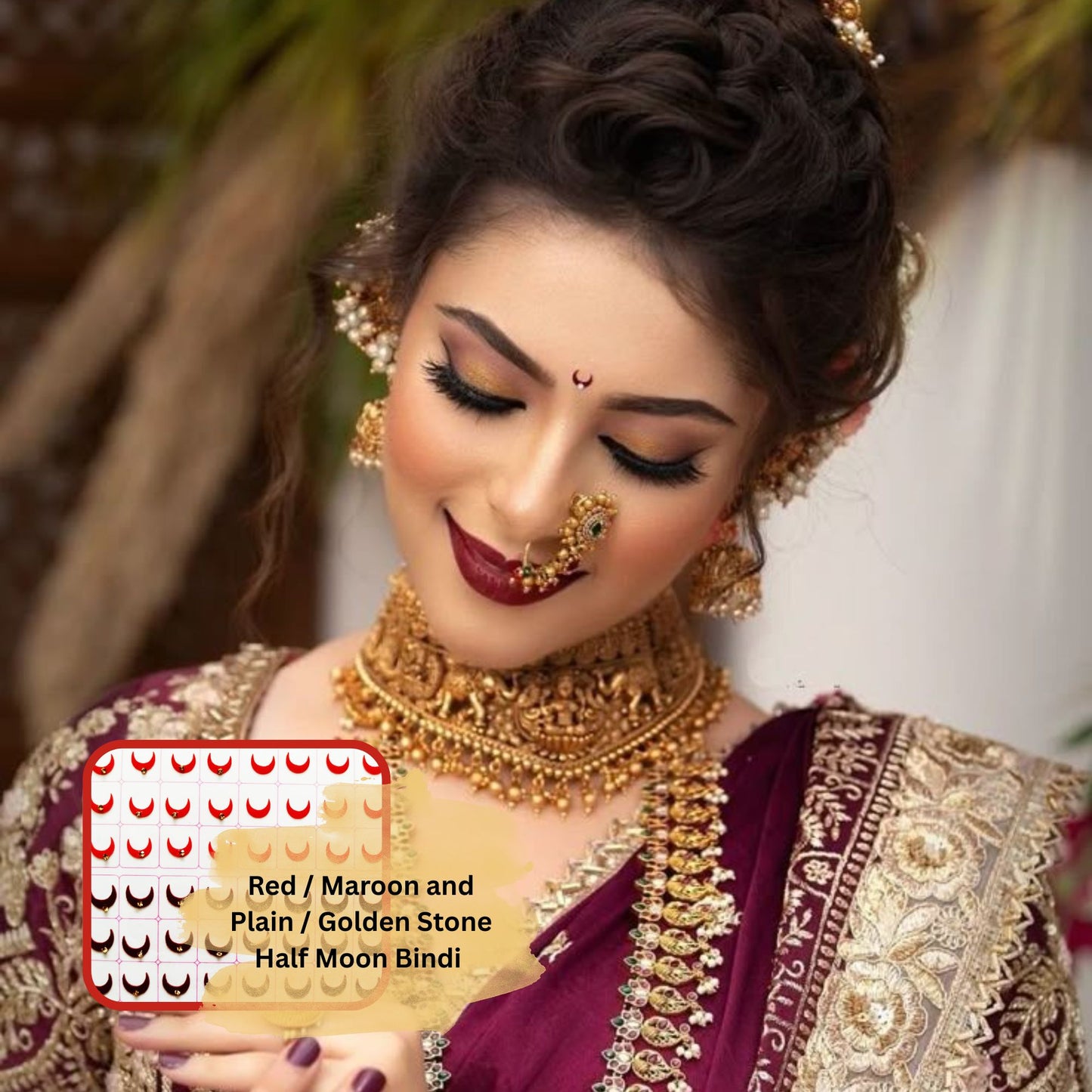 Sunaina Designer Traditional Half Moon Bindi for Women & Girls, Multicolor, Plain Velvet & Golden Stone, Mix Size, Bridal Collection, 372 Bindis in a Book