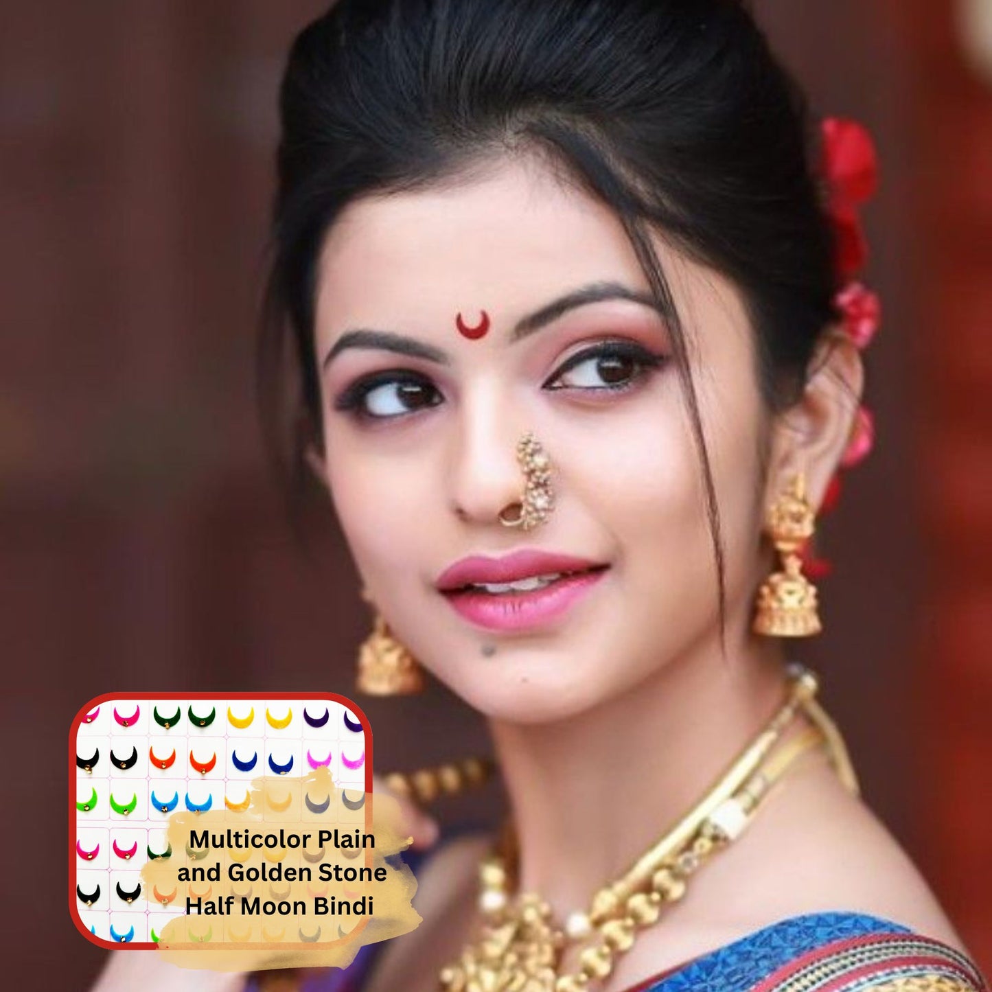 Sunaina Designer Traditional Half Moon Bindi for Women & Girls, Multicolor, Plain Velvet & Golden Stone, Mix Size, Bridal Collection, 372 Bindis in a Book