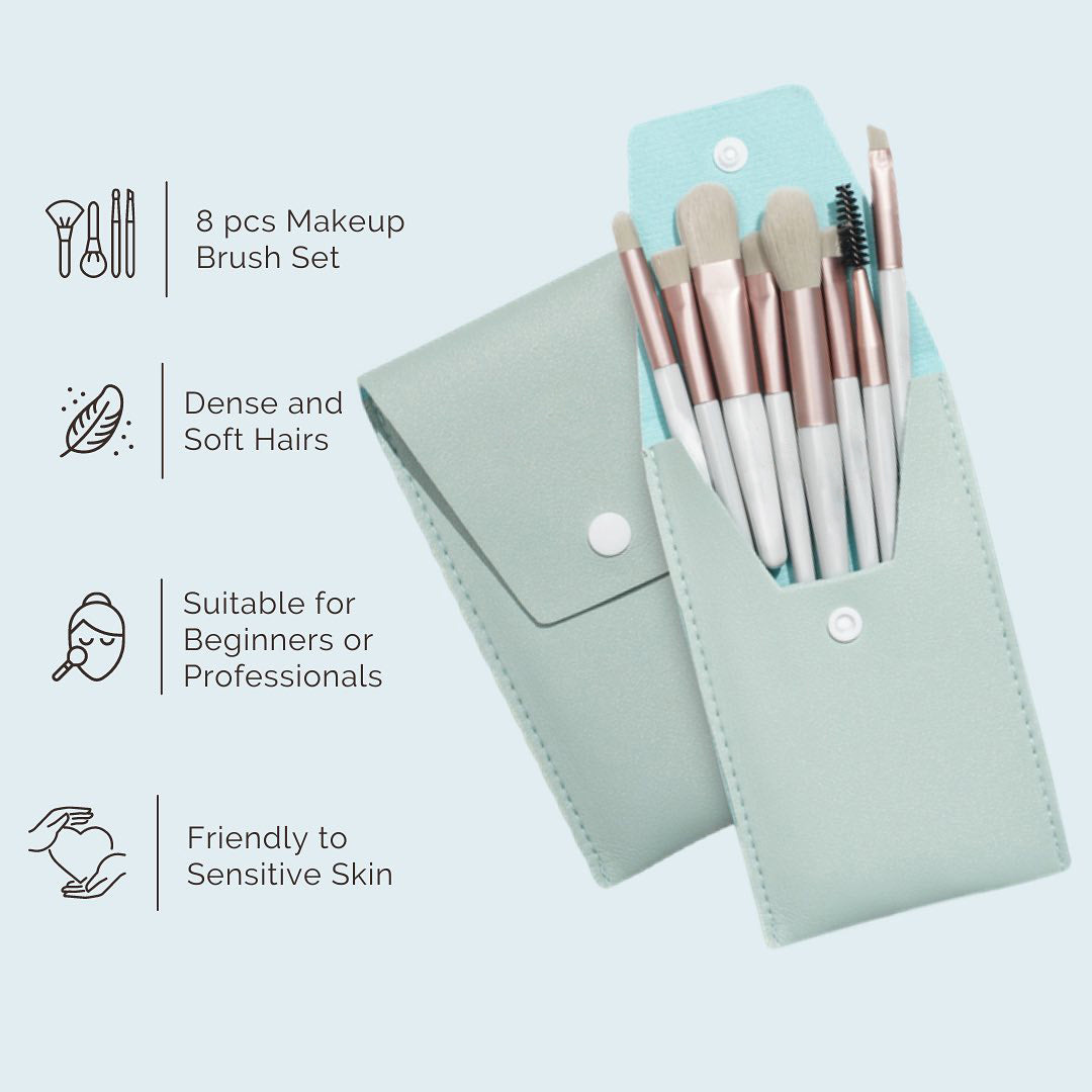 Sunaina Makeup pistachio green Mini Brush Set of 8 pcs with Portable Case/Pouch