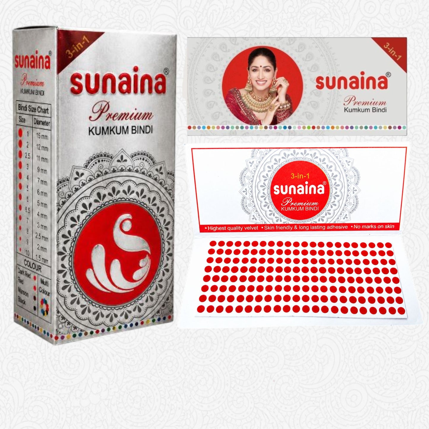 Sunaina New Premium Kumkum Forehead Bindi Silver Box | Red Velvet Bindi for Girls and Womens Bindis for Daily & Festival Wear | Pack of 1 Bindi Box of 15 cards/Flaps 3mm (Size-7)