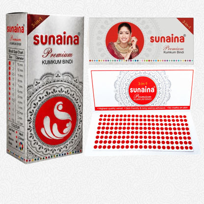 Sunaina New Premium Kumkum Forehead Bindi Silver Box | Red Velvet Bindi for Girls and Womens Bindis for Daily & Festival Wear | Pack of 1 Bindi Box of 15 cards/Flaps 3mm (Size-7)