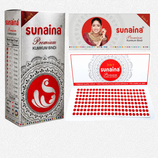 Sunaina New Premium Kumkum Forehead Bindi Silver Box | Red Velvet Bindi for Girls and Womens Bindis for Daily & Festival Wear | Pack of 1 Bindi Box of 15 cards/Flaps 3mm (Size-7)
