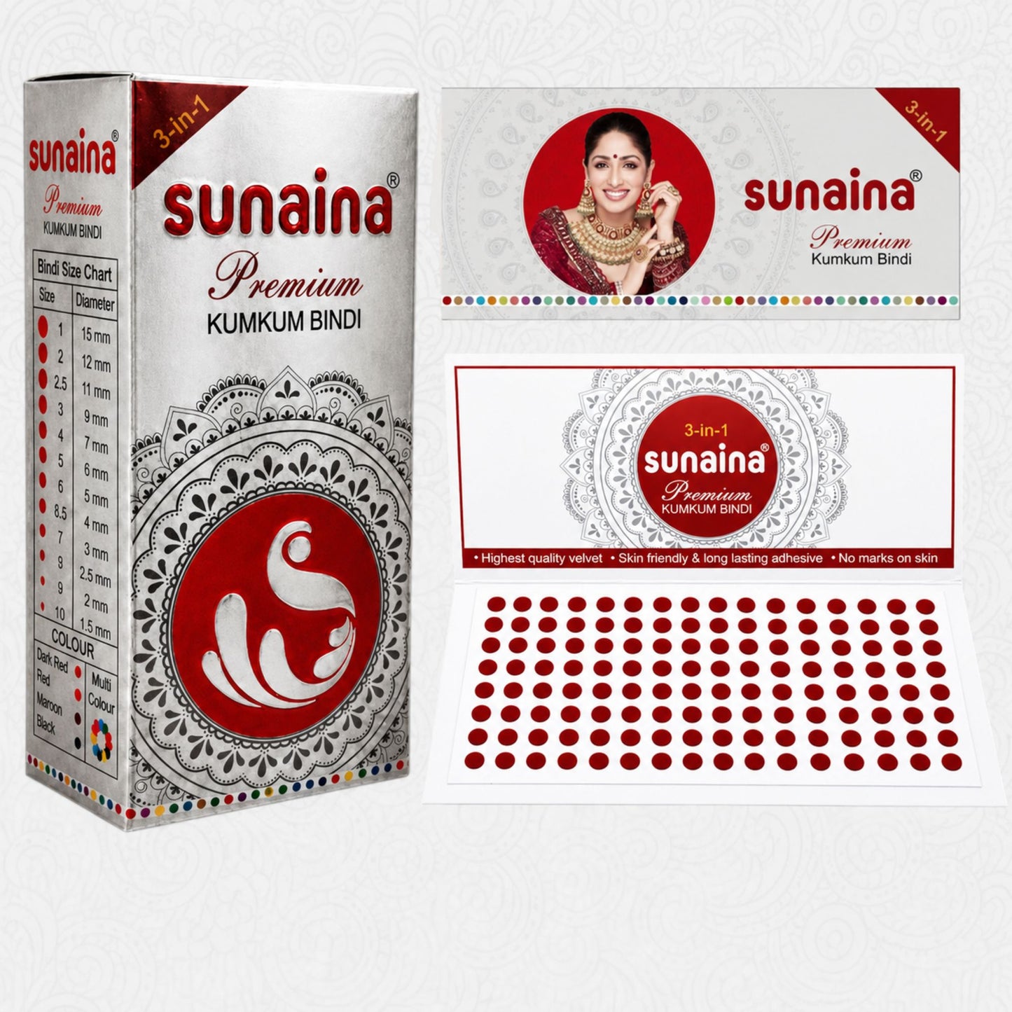 Sunaina New Premium Kumkum Bindi Silver Sticker Deep Red Bindi Pack of 1 Box with 15 Card,s 3mm (Size-7)