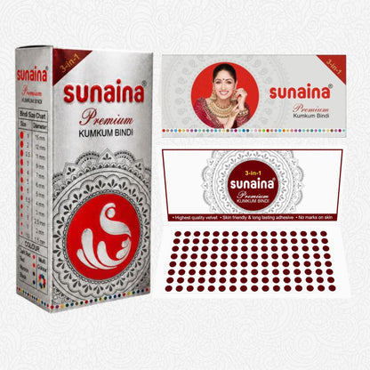 Sunaina New Premium Kumkum Forehead Bindi Silver Box | Maroon Velvet Bindi Pack of 1 Bindi Box of 15 cards/Flaps 3mm (Size-7)