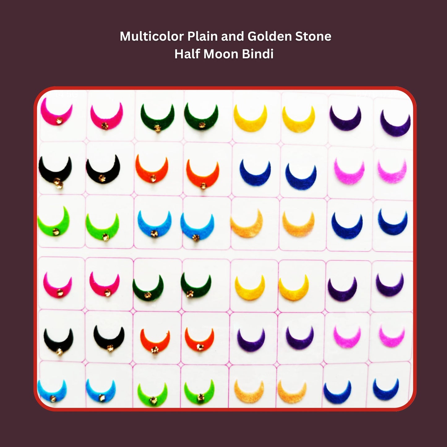 Sunaina Designer Traditional Half Moon Bindi for Women & Girls, Multicolor, Plain Velvet & Golden Stone, Mix Size, Bridal Collection, 372 Bindis in a Book