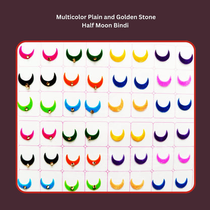 Sunaina Designer Traditional Half Moon Bindi for Women & Girls, Multicolor, Plain Velvet & Golden Stone, Mix Size, Bridal Collection, 372 Bindis in a Book