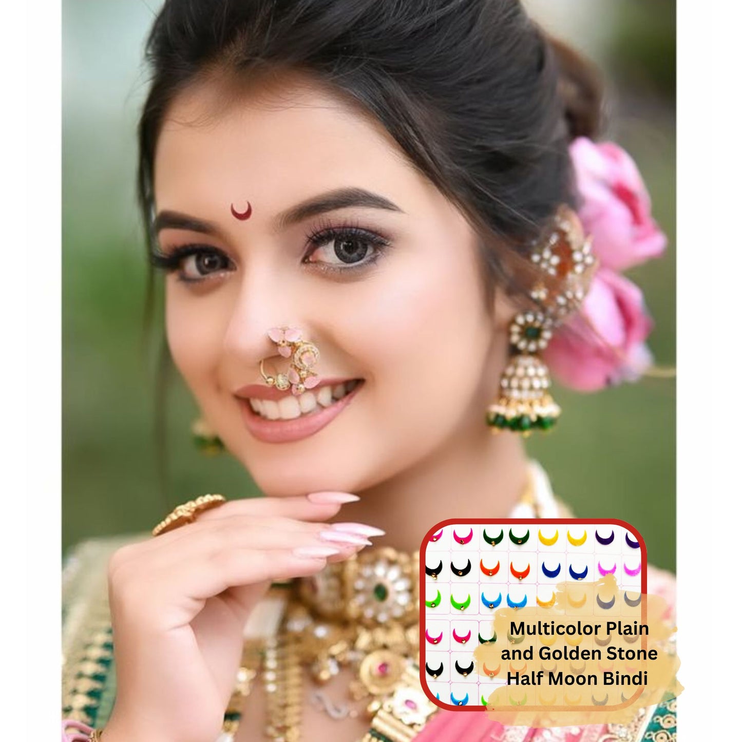 Sunaina Designer Traditional Half Moon Bindi for Women & Girls, Multicolor, Plain Velvet & Golden Stone, Mix Size, Bridal Collection, 372 Bindis in a Book