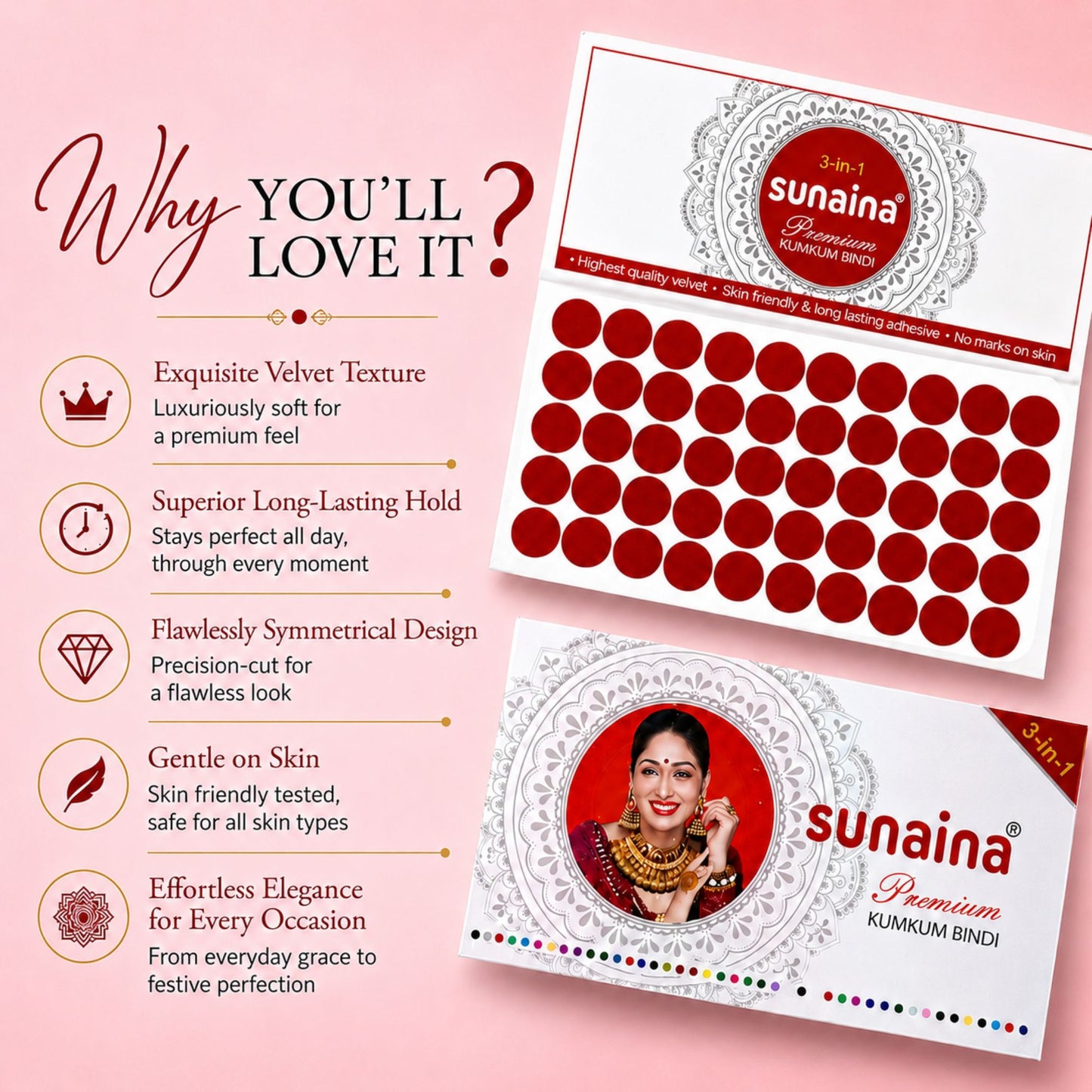 Sunaina New Premium Silver Sticker Kumkum Deep Rad Bindi 11mm Bindi with 15 Cards in a Box (Size 2.5)