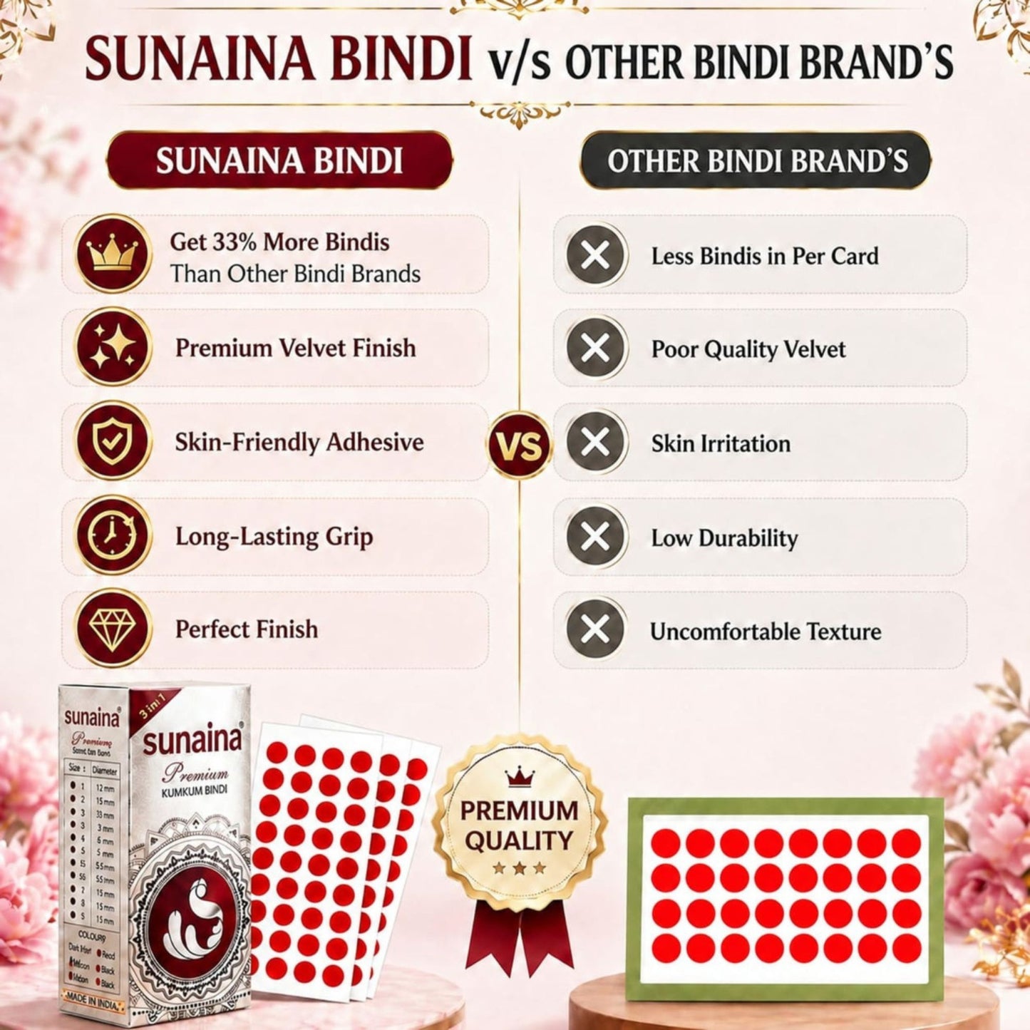 Sunaina New Premium Bindi for Girls & Women | Red Velvet Kumkum Silver Sticker Bindis for Bridal, Festive & Daily Wear Bindi 2mm Pack of 15 Cards/Flaps (Size-9)