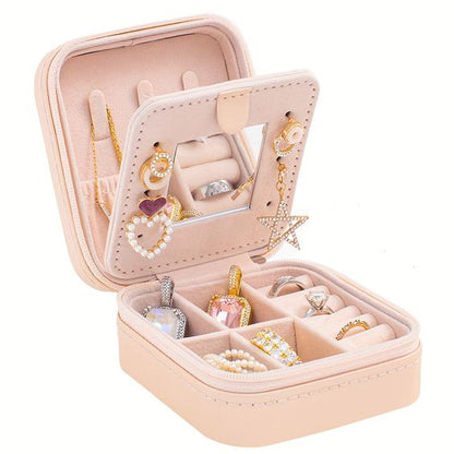 Square Peach Jewelry Organizer Box with Mirror for Rings, Earring, Necklace