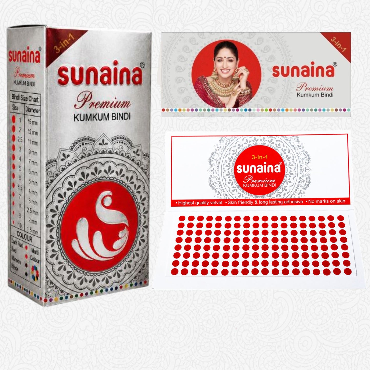 Sunaina New Premium Kumkum Forehead Bindi Box | Red Velvet Silver Sticker Bindi for Girls and Womens for Daily & Festival Wear | Pack of 1 Bindi Box of 15 cards/Flaps 4mm (Size-6.5)