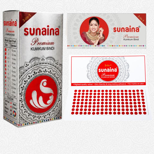 Sunaina New Premium Kumkum Forehead Bindi Box | Red Velvet Silver Sticker Bindi for Girls and Womens for Daily & Festival Wear | Pack of 1 Bindi Box of 15 cards/Flaps 4mm (Size-6.5)