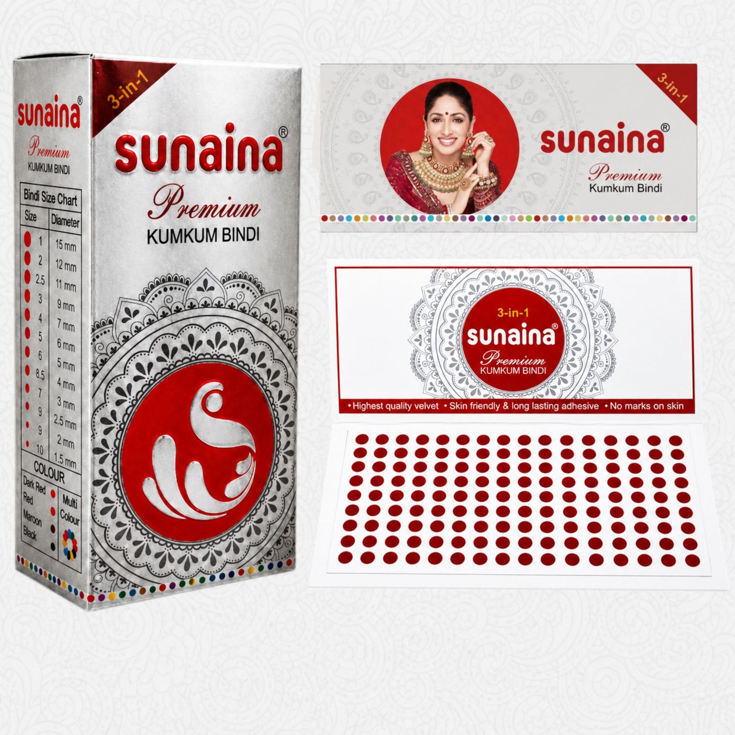 Sunaina New Premium Kumkum Silver Sticker Deep Red Kumkum Bindi Pack of 1 Box With 15 Cards 4mm (Size-6.5)
