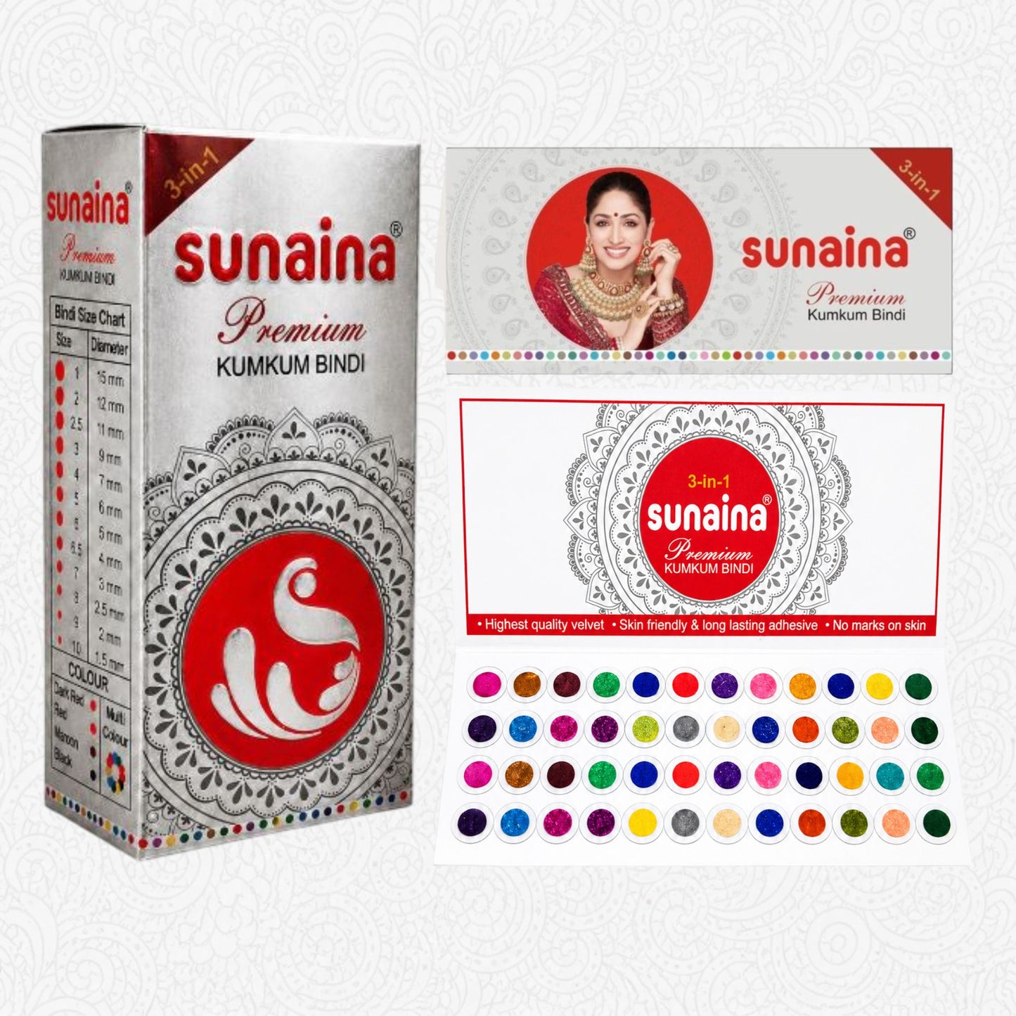 Sunaina New Premium Kumkum Bindi for Girls & Women | Multicolor Velvet Silver Sticker Bindi Box | 5mm Bindi With15 cards in a Box (Size-6)