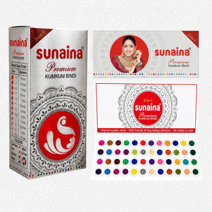 Sunaina New Premium Kumkum Bindi for Girls & Women | Multicolor Velvet Silver Sticker Bindi Box | 5mm Bindi With15 cards in a Box (Size-6)
