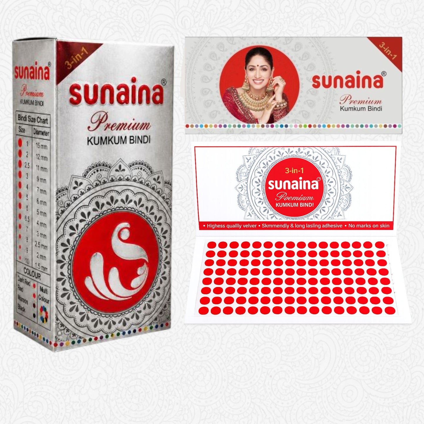Sunaina New Premium Kumkum Red Bindi Box with 5mm 15 Cards/Flaps | Silver Sticker Velvet Round Bindi for Girls & Women | Long Lasting Skin Friendly Bindis For Daily & Festiver Wear (Size-6)