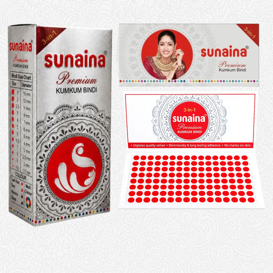 Sunaina New Premium Kumkum Red Bindi Box with 5mm 15 Cards/Flaps | Silver Sticker Velvet Round Bindi for Girls & Women | Long Lasting Skin Friendly Bindis For Daily & Festiver Wear (Size-6)