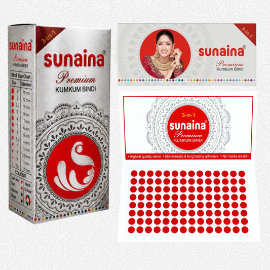 Sunaina New Premium Kumkum Red Bindi Box with 6mm 15 Cards/Flaps | Silver Sticker Velvet Round Bindi for Girls & Women | Long Lasting Skin Friendly Bindis For Daily & Festiver Wear (Size-5)