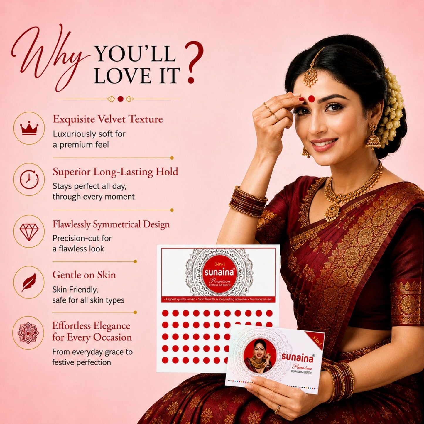 Sunaina New Premium Kumkum Forehead Silver Sticker Bindi Box | Red Velvet Bindi For Girls and Womens for Daily & Festival Wear | Pack of 1 Box of 15 Cards/Flaps 15mm (Size-1)