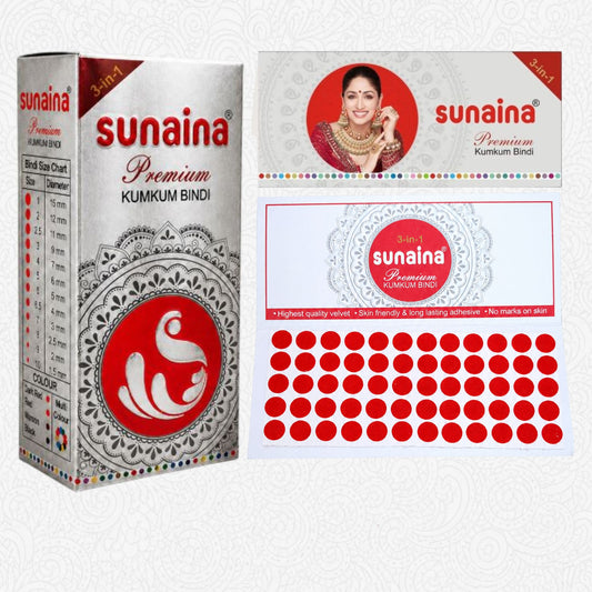 Sunaina New Premium Red Velvet Bindi 7mm Pack | Kumkum Round Forehead Bindis for Women | Long Lasting Skin Friendly Sticker Bindi Box With 15 Cards/Flaps (Size-4)